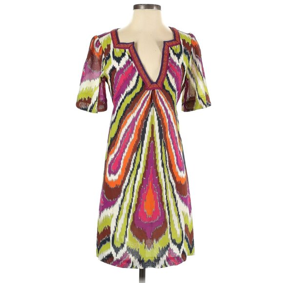 Trina Turk Los Angeles Silk Dress Split Neck Multicolor Ikat Sz 2 - Picture 1 of 2